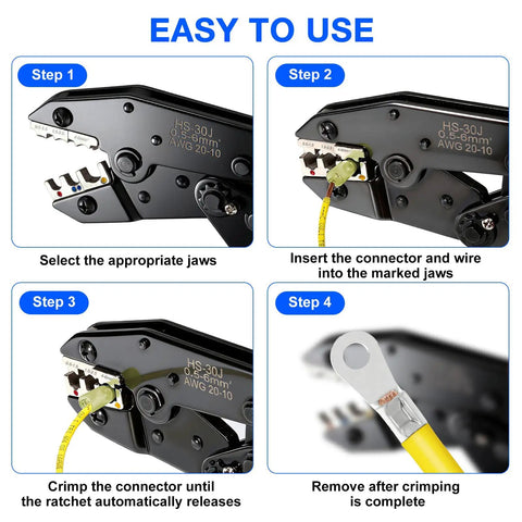 Four steps using Ratcheting Wire Crimping Tool Set With 6 Replaceable Dies For Heat Shrink And Terminal Work shown in detail.