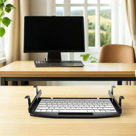 Slick Under Desk Keyboard Tray Featuring Smooth Glide Retractable Slides For A Dead Simple Space Saving Home Office Setup And Clutter Free Workstation Built Tough For Daily Use. Keyboard tray with silent glide mechanism on wooden desk.