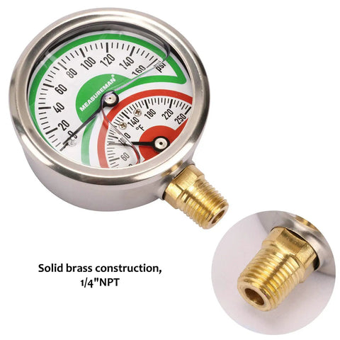 Tridicator Thermo Manometer with Silicone Oil Fill, 2.5-inch Dial, Stainless Steel Case, 0-160 Psi, 30-250 F, Brass Wetted Parts, Lower Mount