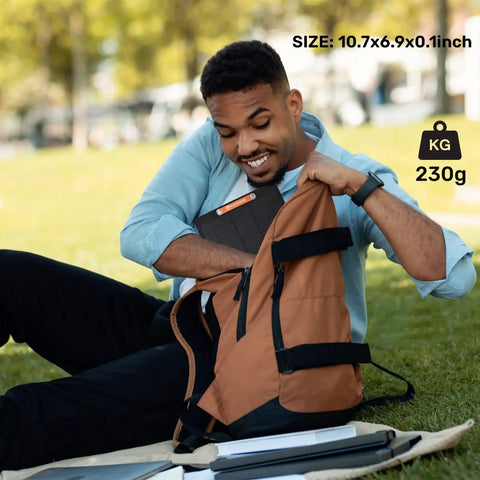 Man placing 2 Pack USB Solar Panel Kit 6W 5V Monocrystalline Mini Panels into backpack, size label visible, for portable power use.