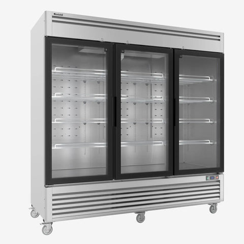 Sleek Stainless Steel Commercial Beverage Cooler With Tempered Glass Front And Bright Led Strip Badass Upright Drink Fridge Plug And Play 78 Cubic Feet For Shop Or Bar with empty shelves and wheels.