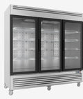 Kickin Cold Three Door Commercial Beverage Refrigerator With Tough Stainless Steel Frame, Double Pane Glass Door, Bright Led Strip Lighting, And Anti Fog Coating For Retail Stores, showcasing empty shelves.