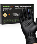 TreeGo 6 mil black nitrile gloves, medium, heavy-duty disposable, 100-count box with gloved hand