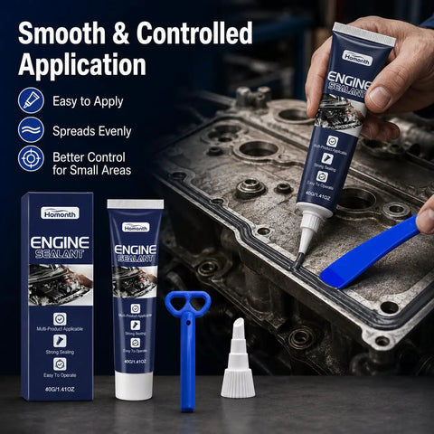 Top Tier Automotive Engine Sealant For Super High Temps Fixes Leaks Seals Gaskets and Fills Small Gaps On Multi Purpose Car Engine Parts and Joints in application kit.
