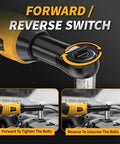 Pro Grade 3/8 Inch Cordless Electric Ratchet Wrench Kit With Variable Speed And 45 Ft Lbs Of Twist Power showing forward reverse switch for easy use.