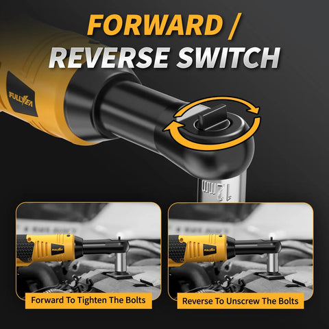 Pro Grade 3/8 Inch Cordless Electric Ratchet Wrench Kit With Variable Speed And 45 Ft Lbs Of Twist Power showing forward reverse switch for easy use.