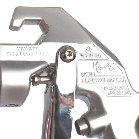 Close-up of Professional Airless Paint Spray Gun Forged From Tough Aluminum, showing maximum pressure and safety warning details.