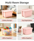 Sick Space Saver Pink Plastic Storage Bin Knocking Clutter Out With 18 Gallon Stackable Tote used for clothes, toys, and office supplies.