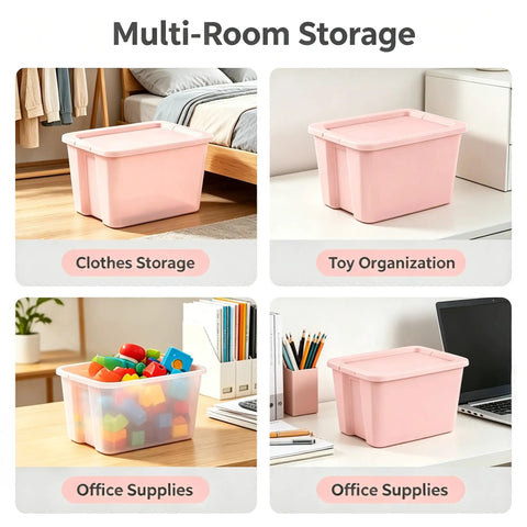 Sick Space Saver Pink Plastic Storage Bin Knocking Clutter Out With 18 Gallon Stackable Tote used for clothes, toys, and office supplies.
