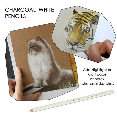 Three Pack White Charcoal Pencil Set For Drawing Sketching Shading Blending And Highlights On Dark Paper Top Notch Pro Grade Quality image