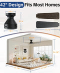 Diagram showing 42 Inch Ceiling Fan With Light And Remote, Low Profile Flush Mount, 3 CCT LED, 6 Speed Quiet Motor, Black Finish