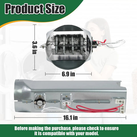 Dryer Heating Element Replacement For DLE Series Dryers fits models DLE2101W to DLEX8377NM shown with dimensions 3.6x6.9x16.1 inches.
