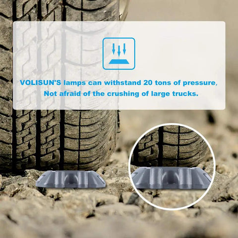 12 Pack Solar Deck Lights under truck tire showing durability and pressure resistance