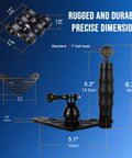 Underwater Video Light Kit With Dual 4600 Lumens 2x2300 Tri Color LEDs For GoPro mounting dimensions and parts shown