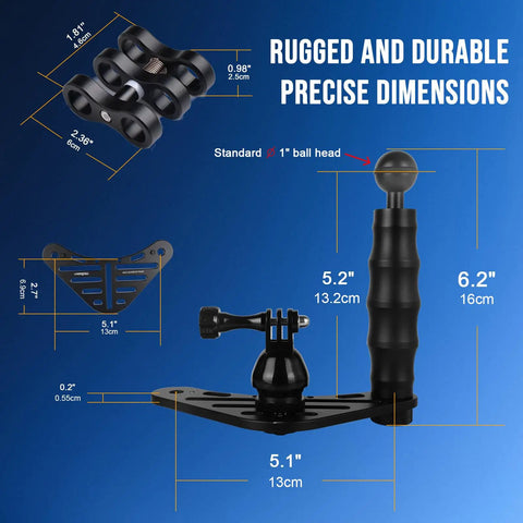 Underwater Video Light Kit With Dual 4600 Lumens 2x2300 Tri Color LEDs For GoPro mounting dimensions and parts shown