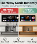 Slick In Wall Cable Management Kit To Hide Tv Wires And Keep Your Space Zero Mess Includes Power And Low Voltage Cord Organizer With Hole Saw Tool For Easy Breezy Diy Installation Under Tv before and after clutter comparison.