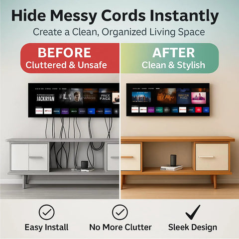 Slick In Wall Cable Management Kit To Hide Tv Wires And Keep Your Space Zero Mess Includes Power And Low Voltage Cord Organizer With Hole Saw Tool For Easy Breezy Diy Installation Under Tv before and after clutter comparison.