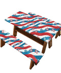 US 250 Years Picnic Table Cover with patriotic design, fitted edges, waterproof for 72x30 tables, includes bench covers