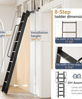 Heavy Duty 9ft Aluminum Rolling Library Ladder With 4ft Sliding Track Kit, 8 Steps With Handrail, Telescopic Hook Track And Brake Wheel, 450lbs Capacity, Black, Easy Assembly For Loft Bookshelf Attic Home Shop, 8-step ladder dimensions