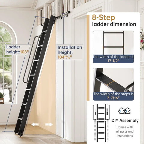 Heavy Duty 9ft Aluminum Rolling Library Ladder With 4ft Sliding Track Kit, 8 Steps With Handrail, Telescopic Hook Track And Brake Wheel, 450lbs Capacity, Black, Easy Assembly For Loft Bookshelf Attic Home Shop, 8-step ladder dimensions