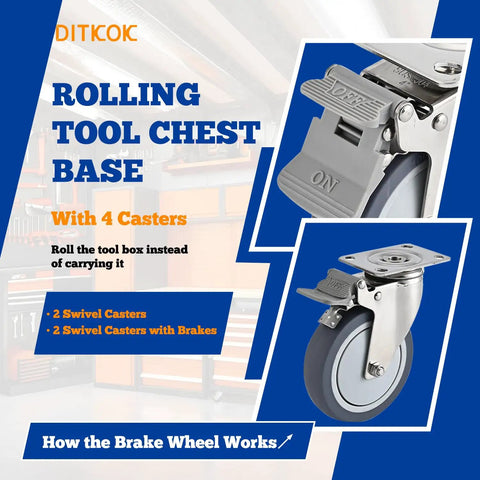 Close-up of rolling tool chest base with 4 casters, including 2 swivel casters and 2 swivel casters with brakes.