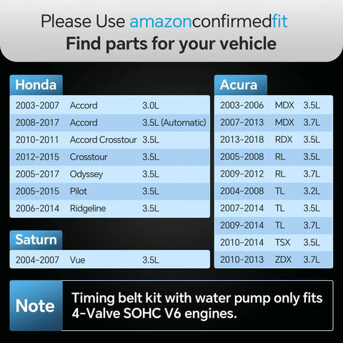 Compatibility chart for Timing Belt Kit With Water Pump For Honda Accord Odyssey Pilot Ridgeline MDX TSX TL 3.0L 3.5L 3.7L V6.