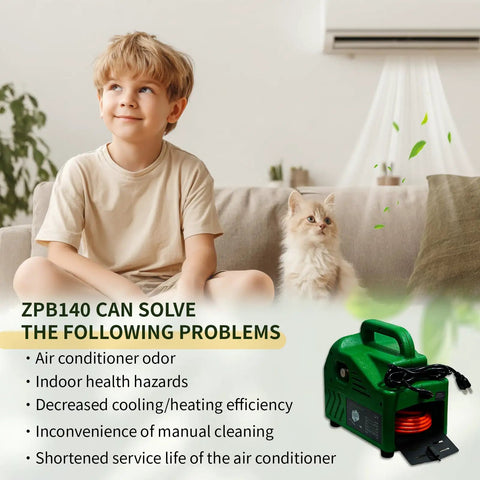 Portable HVAC Coil Cleaner Kit For Home And Pros, 120V 80W AC Washer Delivers Four Liters Per Minute At 0.7 To 1.0 MPa, Complete Set With Mini Pump, High Pressure Gun, Detachable Filter, Five Meter Inlet Hose, Sixteen Point Four Foot Outlet Hose; green pump shown