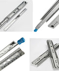 Heavy Gauge Steel Full Extension Drawer Slides With Secure Push Lock Handle and Ridiculously Smooth Ball Bearing Glide close-up view.
