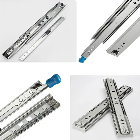 Heavy Gauge Steel Full Extension Drawer Slides With Secure Push Lock Handle and Ridiculously Smooth Ball Bearing Glide close-up view.