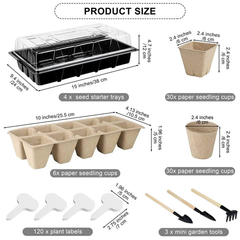 All In One Seed Starter Kit With Four Germination Trays And 120 Paper Seedling Cups For Indoor And Outdoor Gardens Includes Plant Labels And Mini Garden Tools Spade Rake And Trowel For Easy Seed Starting