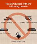 Compatibility chart showing devices not supported by Replacement Remote For Fire TV Stick 4K Max 4K Lite Cube Omni Insignia Toshiba Smart TVs