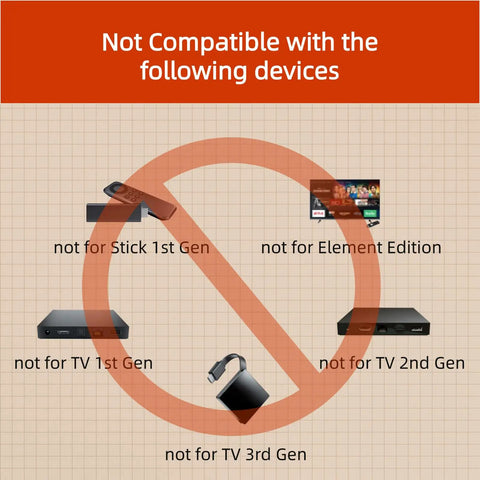 Compatibility chart showing devices not supported by Replacement Remote For Fire TV Stick 4K Max 4K Lite Cube Omni Insignia Toshiba Smart TVs