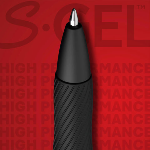 Close-up of the tip of Go-To Gel Pens With Pearl White Body And Black Ink 0.7mm Medium Point, 12 Count For Journaling Writing Note Taking School And Office Supplies, Smoother Cleaner Quicker Drying No Smear, Modern Professional Look against red background.