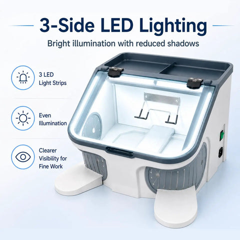 Zhenyuwang Desktop Dental Dust Collector with Bright 3 Sided Shadow Free Led Lights For Precision Work And Easy Tiered Cleanup System showing 3 side LED lighting.