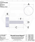 Hand Tightened Stainless Steel Thumb Screws With Black Knurled Round Knobs Size 10 By 24 X 3 4 Inch dimensions and details diagram.