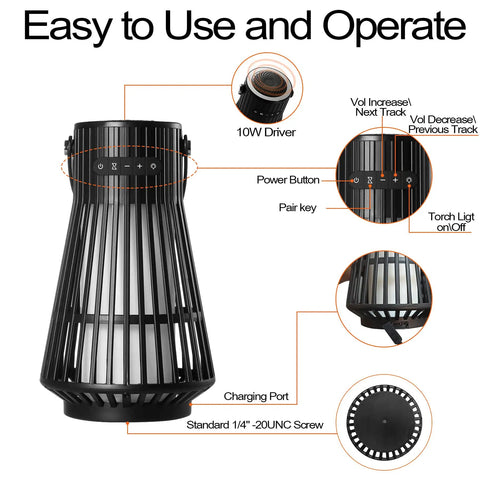 Lit LED Flame Tiki Torch Bluetooth Speaker Set with controls and design features highlighted.
