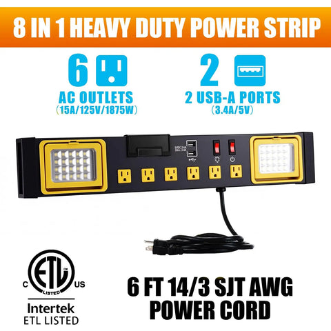Heavy Duty 6 Outlet Power Strip With Built In Led Work Light And Dual Usb Charging Ports For Desk And Travel Setup Goes Hard While Handling Every Phone And Gadget Smooth No Cap
