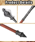 Close-up of 33.4 Inch Foam Meteor Hammer Prop For Cosplay And Halloween, showing silver finish, spiky tip, and wood-grain handle detail.