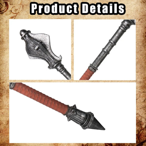 Close-up of 33.4 Inch Foam Meteor Hammer Prop For Cosplay And Halloween, showing silver finish, spiky tip, and wood-grain handle detail.