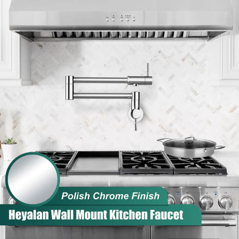 19 Inch Wall Mount Pot Filler Faucet With Folding Stretchable Swing Arm, Stainless Steel, Polished Chrome Finish over Stove
