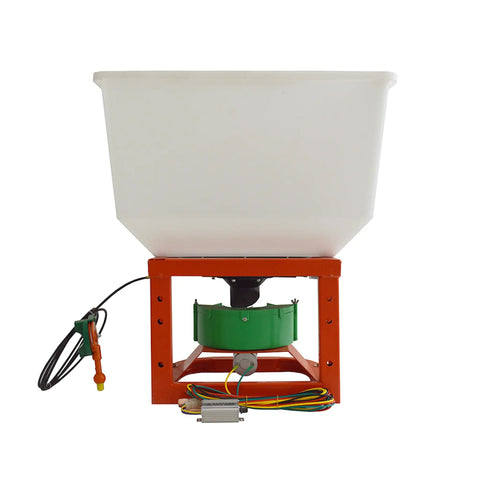 ATV Front Mount Broadcast Spreader For Fertilizer And Seed, 265Lb Hopper, showing adjustable spreader mechanism and electric motor