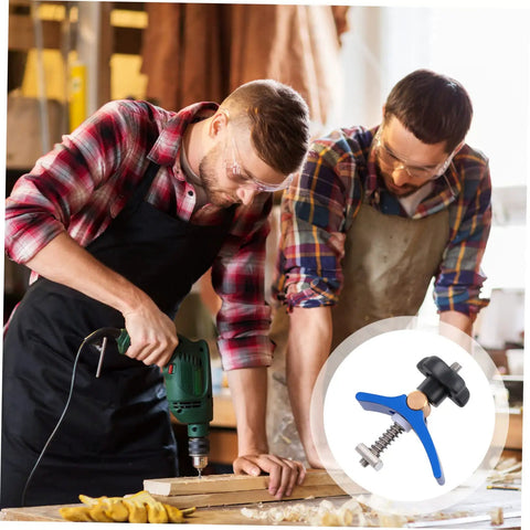 Woodworking T Slot Clamp Quick Release Hold Down Tool For T Track Carpentry Positioning And Workpiece Fixing Heavy Duty Clamping Jig Pro Grade For Sawmills Routers Drill Presses Benchtop Projects used by two carpenters on wood project.