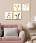 Framed Woodland Nursery Wall Decor 10x10 Inch Cute Baby Wall Art For Kids Safari Animals Artwork Prints 4 Pack on beige wall