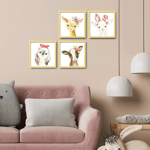 Framed Woodland Nursery Wall Decor 10x10 Inch Cute Baby Wall Art For Kids Safari Animals Artwork Prints 4 Pack on beige wall