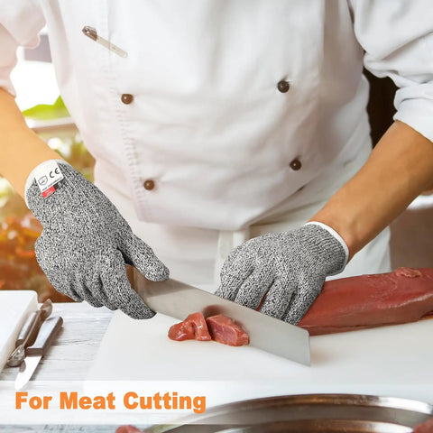 Chef using Twenty Pairs Cut Resistant Gloves Level 5 Protection For Kitchen Safety And DIY Chopping Slicing Heavy Duty Anti Cut Gloves