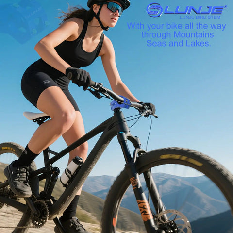 Cyclist using 31.8mm MTB Bike Stem 45mm Short Reach Built Tough In CNC 6061 T6 Aluminum Anodized Blue With Sandblasted Matte Finish