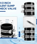 1-1/2 inch PVC sump check valve with Buna-N couplings and stainless clamps; spring-loaded flapper, clear body