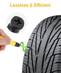 Hand using 90 Piece Tire Repair Kit With 3 Size Vacuum Plugs 30 Each on tire, showing self sealing screw in plug efficiency.