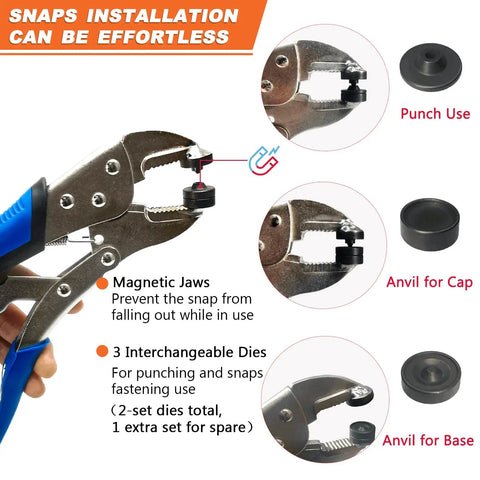 Marine Snap Fasteners Kit With 60 Stainless Steel 15mm Snaps And Pliers For Boat Covers Tarp Canvas Leather Carpet And Fabric Easy Install With Upgrade Die Holder For Precise Alignment And Durable Outdoor Use showing pliers with magnetic jaws and interchangeable dies.