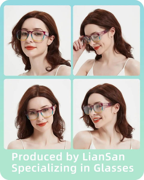 Woman wearing Over Eyeglasses Safety Glasses For Women Who Wear Specs With Anti Fog Lenses ANSI Z87.1 Certified Lightweight Multicolor